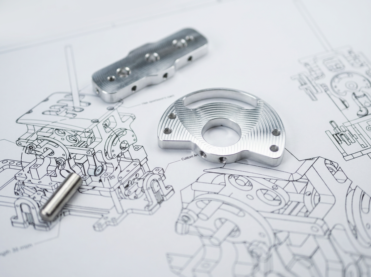 CNC-machined billet components on engineering drawings